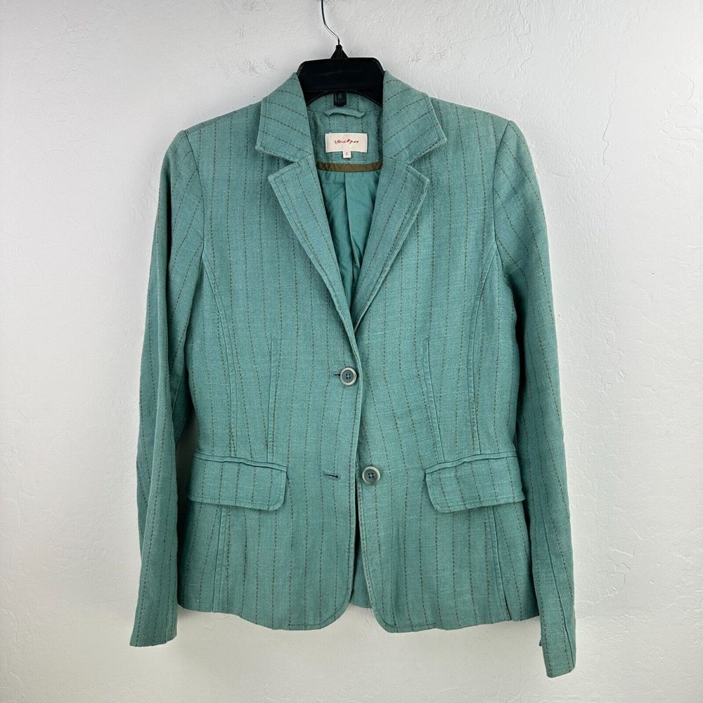 Jackpot Blazer Jacket Womens‎ Size 2 Blue 100% Linen Pinstriped Office Summer